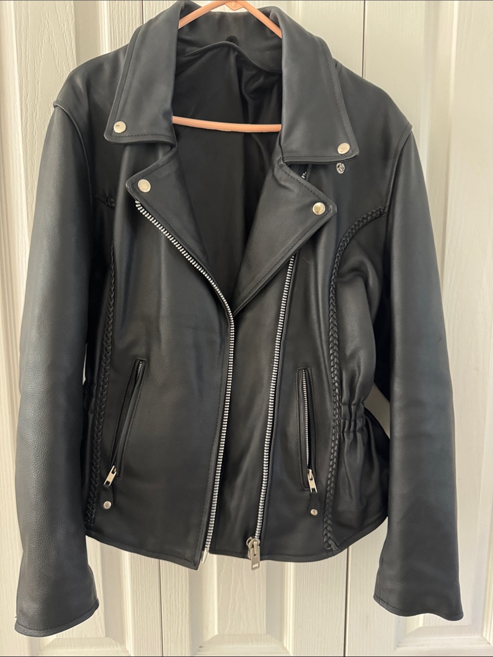 Women's Black Faux Leather Biker Jacket with Braided Trim